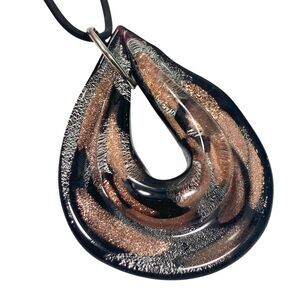 Vtg Murano Style Art Glass Pendant Necklace Black Cord 22" Brown Copper Silver